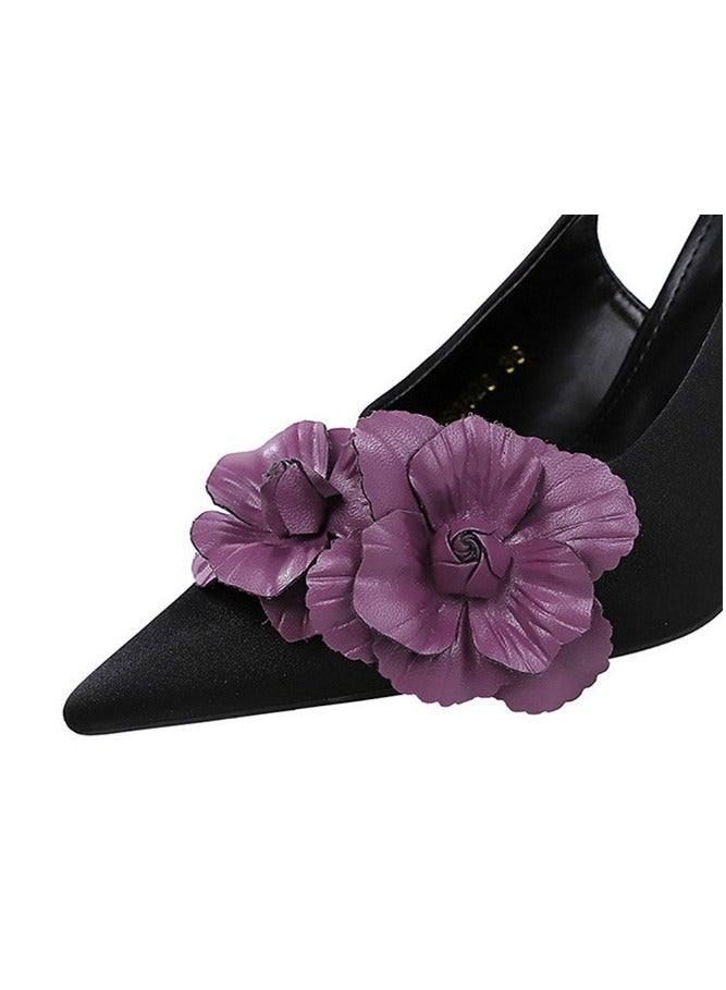 بيج تري المرأة مغلقة أشارت إصبع القدم الكعب العالي مع الزهور الديكور الأسود 9.5CM - Image 5