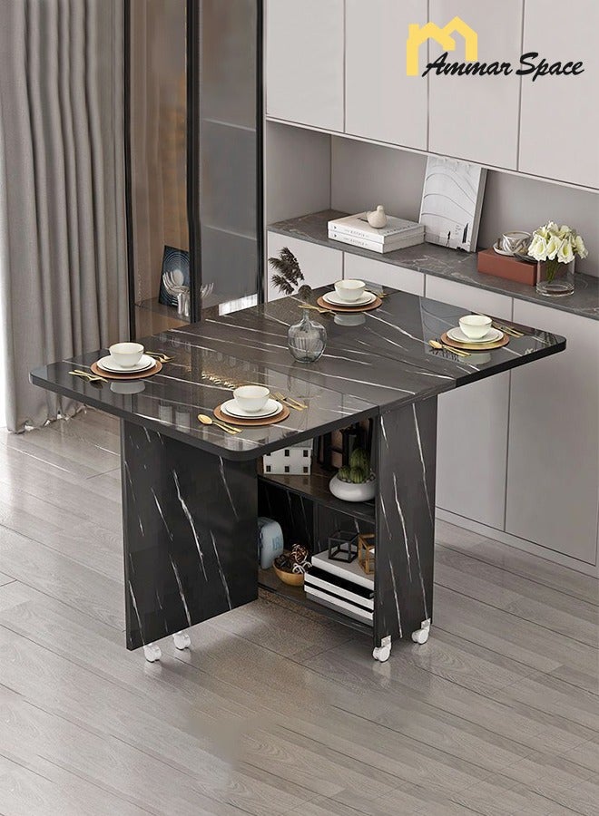 Ammar Space 120x60x70CM Black Folding Dining Table with 6 Wheels Kitchen Table with 2-Layer Storage Shelves Multifunctional Extension Space Saving Dinner Table for Dining Room Home Small Spaces  - Image 1