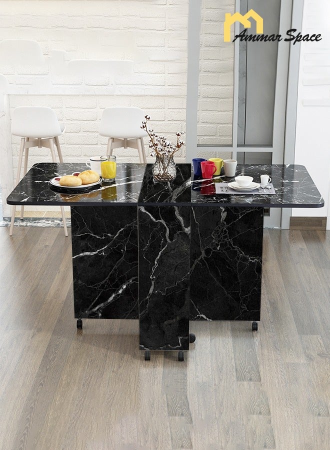Ammar Space 120x60x70CM Black Folding Dining Table with 6 Wheels Kitchen Table with 2-Layer Storage Shelves Multifunctional Extension Space Saving Dinner Table for Dining Room Home Small Spaces  - Image 3