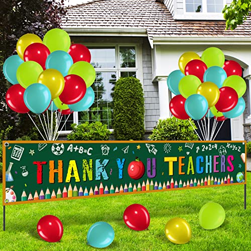 Oudain 36 Pcs Thank You Teachers Decoration Set Teacher Appreciation Banner with Balloons Large Teacher Appreciation Week Banner Thank You Teacher Fence Banner Classroom School Yard Wall Decor - Image 1