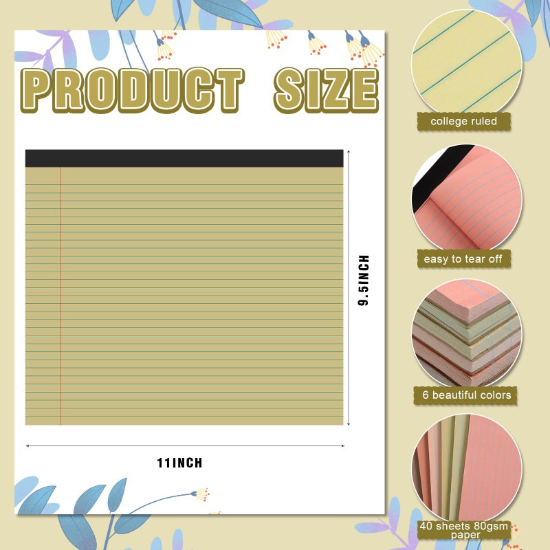 Lincia 6 Pcs 11" x 9.5" Legal Pads College Ruled Notepad Landscape Notebook Horizontal Lined Notebook 80 Gsm Assorted Colors Paper Pastel Writing Pads for School Office, 40 Sheet (Stylish Color) - Image 2
