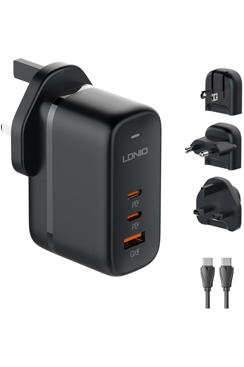 لدنيو شاحن 65W LDNIO فائق السرعة 65W GaN Supper للسفر بثلاثة منافذ مع 3 مقابس من المملكة المتحدة + الاتحاد الأوروبي + الولايات المتحدة مع كابل من النوع C إلى النوع C - أسود - Image 1