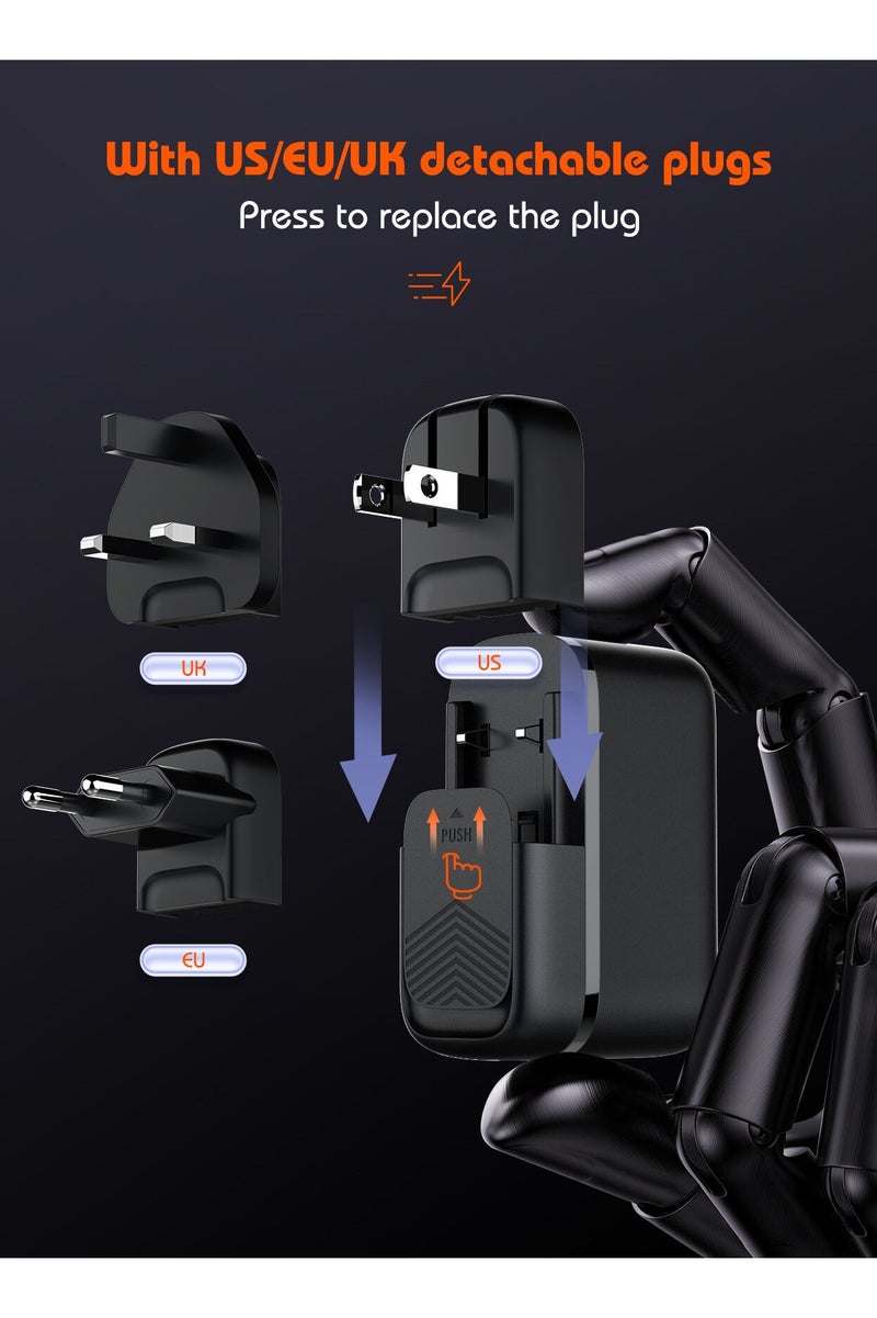 لدنيو شاحن 65W LDNIO فائق السرعة 65W GaN Supper للسفر بثلاثة منافذ مع 3 مقابس من المملكة المتحدة + الاتحاد الأوروبي + الولايات المتحدة مع كابل من النوع C إلى النوع C - أسود - Image 5