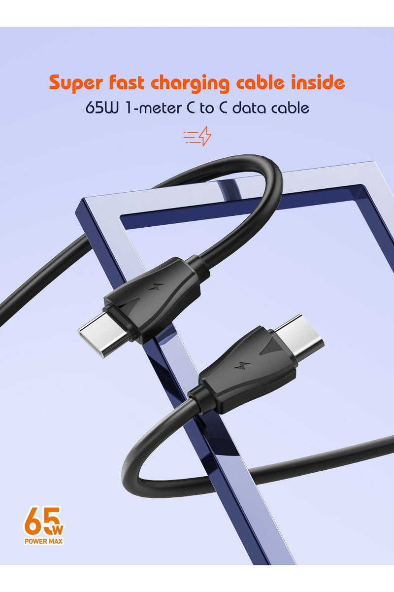 لدنيو شاحن 65W LDNIO فائق السرعة 65W GaN Supper للسفر بثلاثة منافذ مع 3 مقابس من المملكة المتحدة + الاتحاد الأوروبي + الولايات المتحدة مع كابل من النوع C إلى النوع C - أسود - Image 4