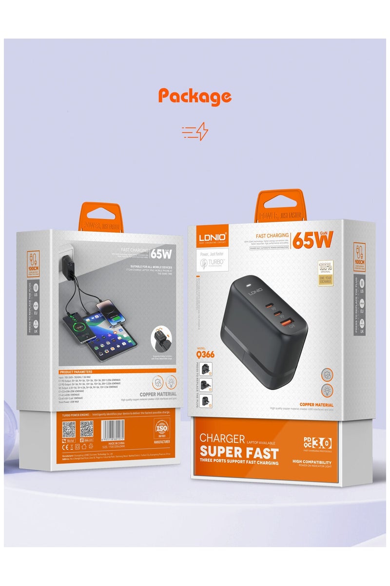 لدنيو شاحن 65W LDNIO فائق السرعة 65W GaN Supper للسفر بثلاثة منافذ مع 3 مقابس من المملكة المتحدة + الاتحاد الأوروبي + الولايات المتحدة مع كابل من النوع C إلى النوع C - أسود - Image 2