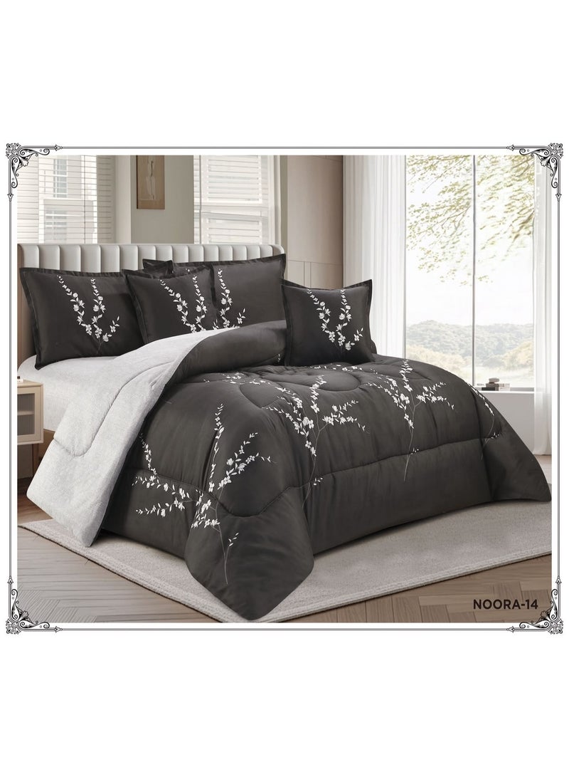 Double summer bedspread set, reversible (one side patterned, one side plain), 6 pieces. Comfort and elegance for your bedroom decor. Includes: 1 comforter (220*240cm), 1 fitted sheet (200*200cm), 2 pillowcases (80*50cm), and 2 pillowcases (50*50cm).