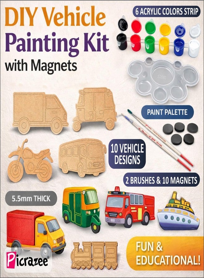 PICRAZEE DIY Wooden Vehicle Painting Kit for Kids | 10 Pine MDF Vehicle Cutouts (5.5 mm Thick) with Acrylic Colors, Brushes, Palette & Magnets | Art & Craft Creative Activity Toy - Image 2