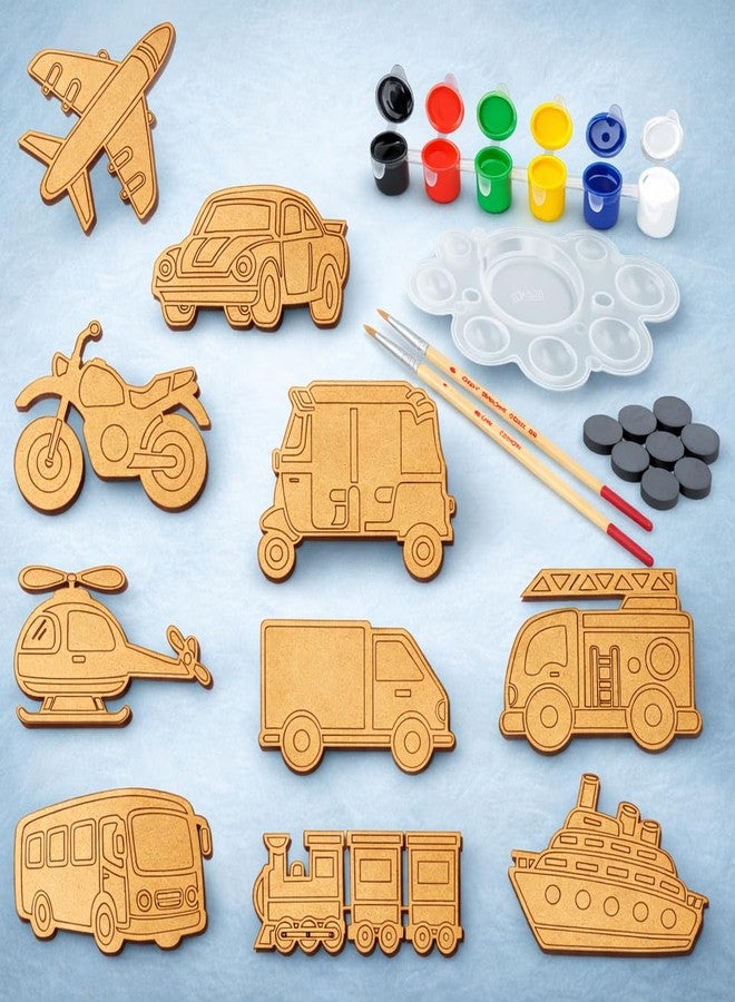 PICRAZEE DIY Wooden Vehicle Painting Kit for Kids | 10 Pine MDF Vehicle Cutouts (5.5 mm Thick) with Acrylic Colors, Brushes, Palette & Magnets | Art & Craft Creative Activity Toy - Image 1