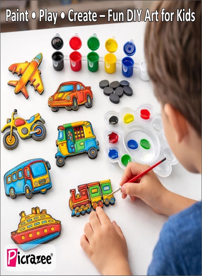 PICRAZEE DIY Wooden Vehicle Painting Kit for Kids | 10 Pine MDF Vehicle Cutouts (5.5 mm Thick) with Acrylic Colors, Brushes, Palette & Magnets | Art & Craft Creative Activity Toy - Image 4