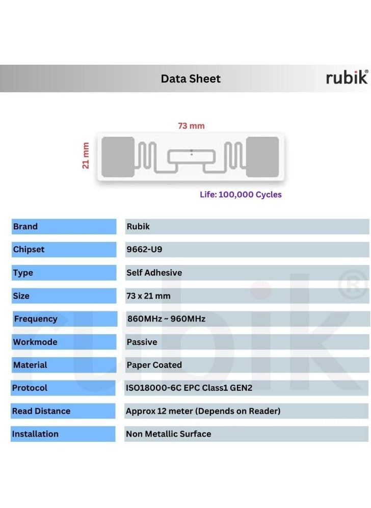 Rubik UHF Tags Flexible Labels 9662-U9 860Mhz-960Mhz Self Ahdesive Coated Paper Long Range Electronic RFID Tags EPCglobal Class 1 Gen 2 ISO18000-6C Protocol (10 Label Tags)  - Image 2