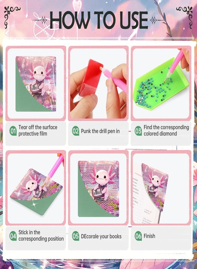 INCOK Axolotl Diamond Art Bookmarks - 6 Pcs DIY Pink Salamander Diamond Painting Corner Bookmarks Kits Cute Animal Art Craft Graduation Teacher Appreciation Week Gift for Teacher Reading Lover Student - Image 4