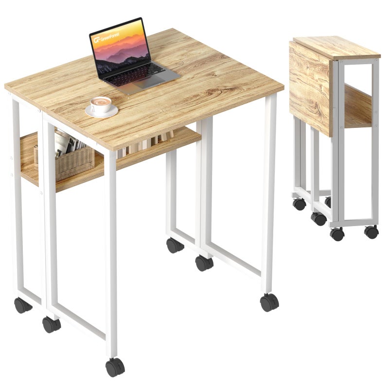 GreenForest Folding Desk Small Rolling Desk with Storage Shelf315 inch Foldable Computer Desk with Wheels for Small Space Easy AssemblyOak