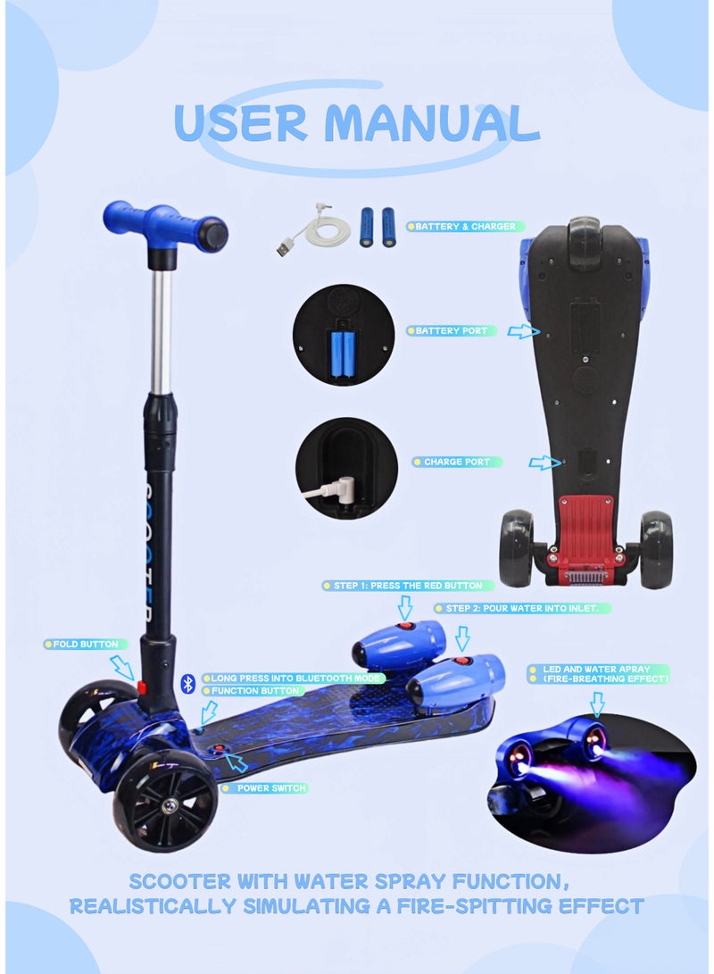 EASY FUTURE Water Spray Smoke Effect & Bluetooth Music 3 Wheel Kick Scooter for Kids Ages 3-14, LED Light-Up Wheels, Lean to Steer – Foldable & Safe Ride Including Protective Gear Set - Image 3