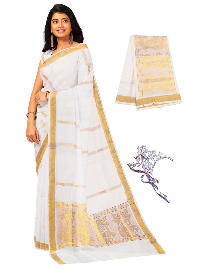 NandaVanam Women's Kerala Cotton Saree | Onam Cotton Kasavu Sarees | Kasavu Saree With Designer Pallu - with Blouse (Design7) - Image 1