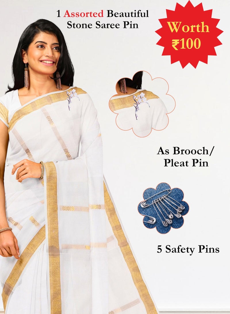 NandaVanam Women's Kerala Cotton Saree | Onam Cotton Kasavu Sarees | Kasavu Saree With Designer Pallu - with Blouse (Design7) - Image 3