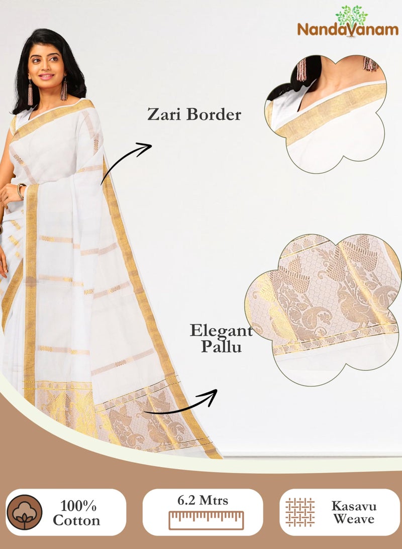 NandaVanam Women's Kerala Cotton Saree | Onam Cotton Kasavu Sarees | Kasavu Saree With Designer Pallu - with Blouse (Design7) - Image 2