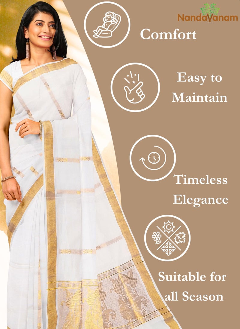 NandaVanam Women's Kerala Cotton Saree | Onam Cotton Kasavu Sarees | Kasavu Saree With Designer Pallu - with Blouse (Design7) - Image 4