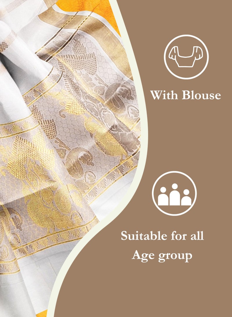 NandaVanam Women's Kerala Cotton Saree | Onam Cotton Kasavu Sarees | Kasavu Saree With Designer Pallu - with Blouse (Design7) - Image 5
