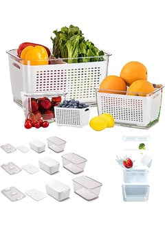 Produce Saver Veggie Fruit Storage Containers 6-in-1 for Refrigerator 3 Pack Fridge Food Storage Container Set with Lids Draining Crisper Strainers Fruit Vegetable Fresh-keeping Box 1.7L 4L 5.8L