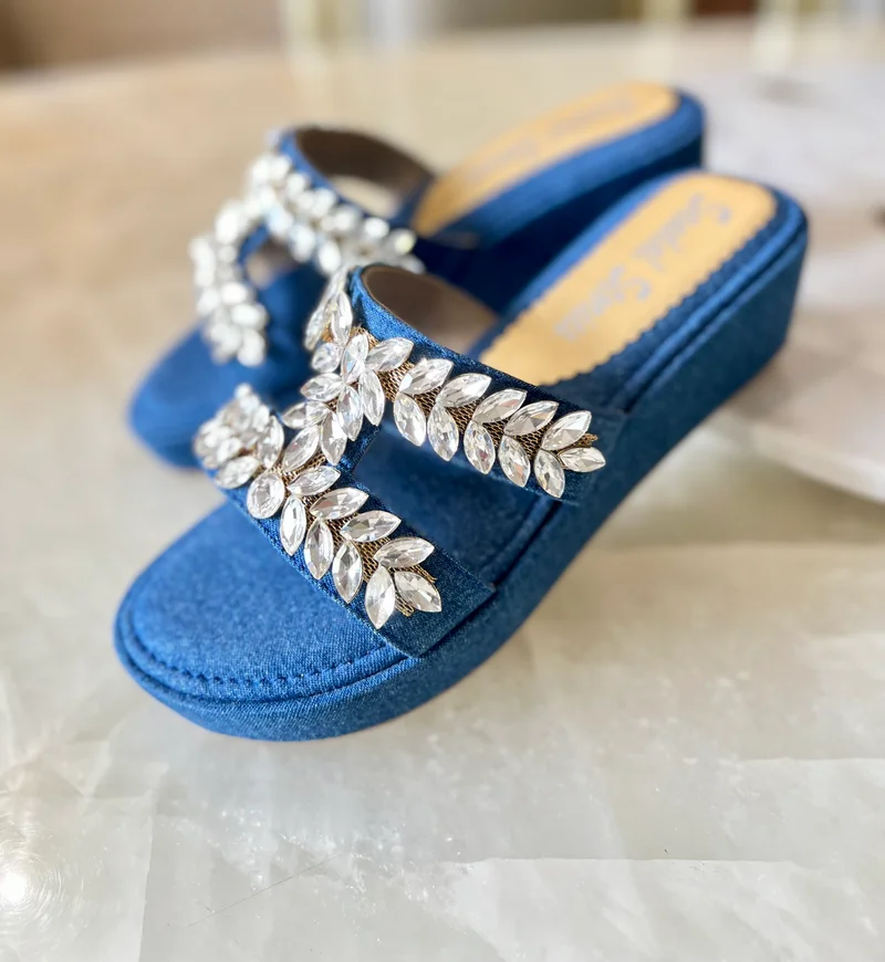 Sandal Stories Denim Blue Embellished Comfort Wedges for Women