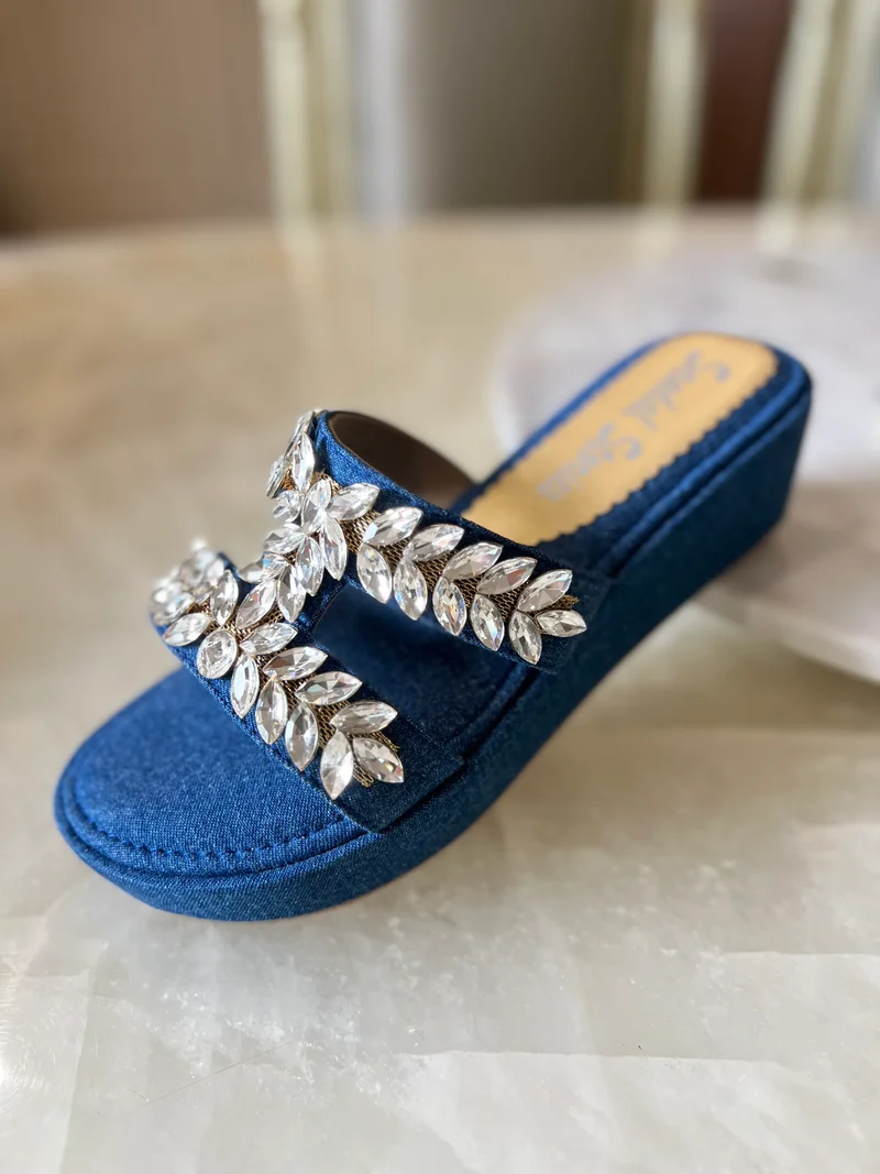 Sandal Stories Denim Blue Embellished Comfort Wedges for Women