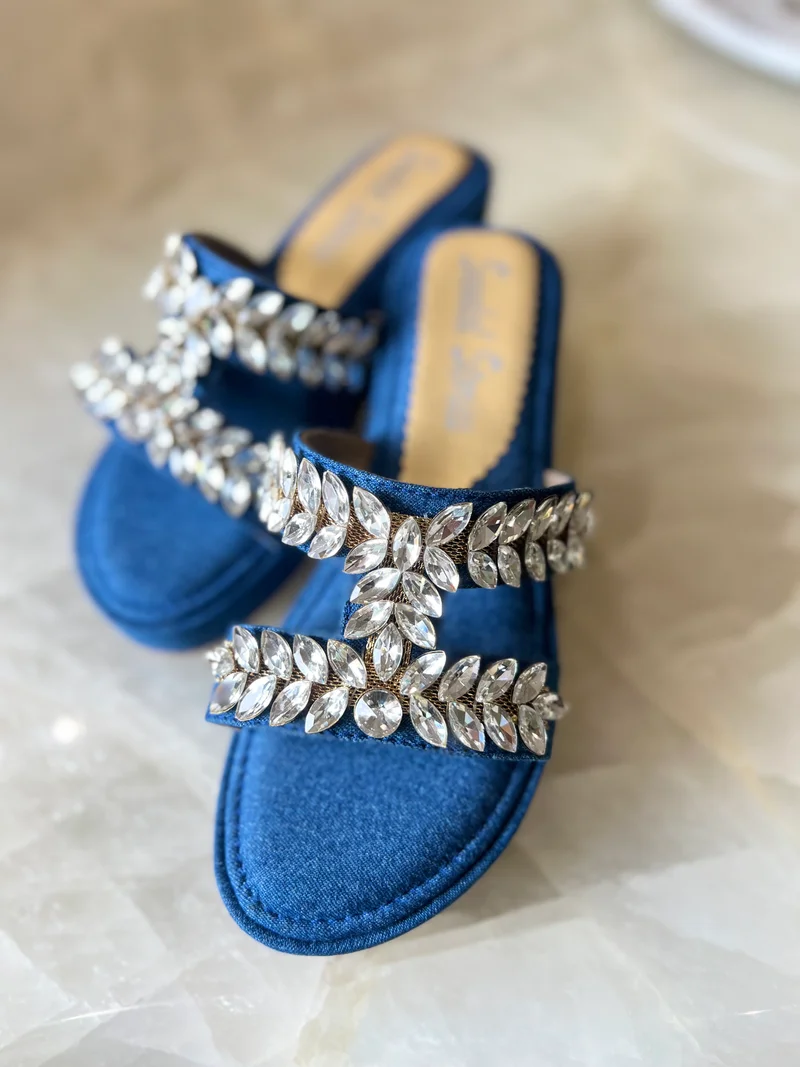 Sandal Stories Denim Blue Embellished Comfort Wedges for Women