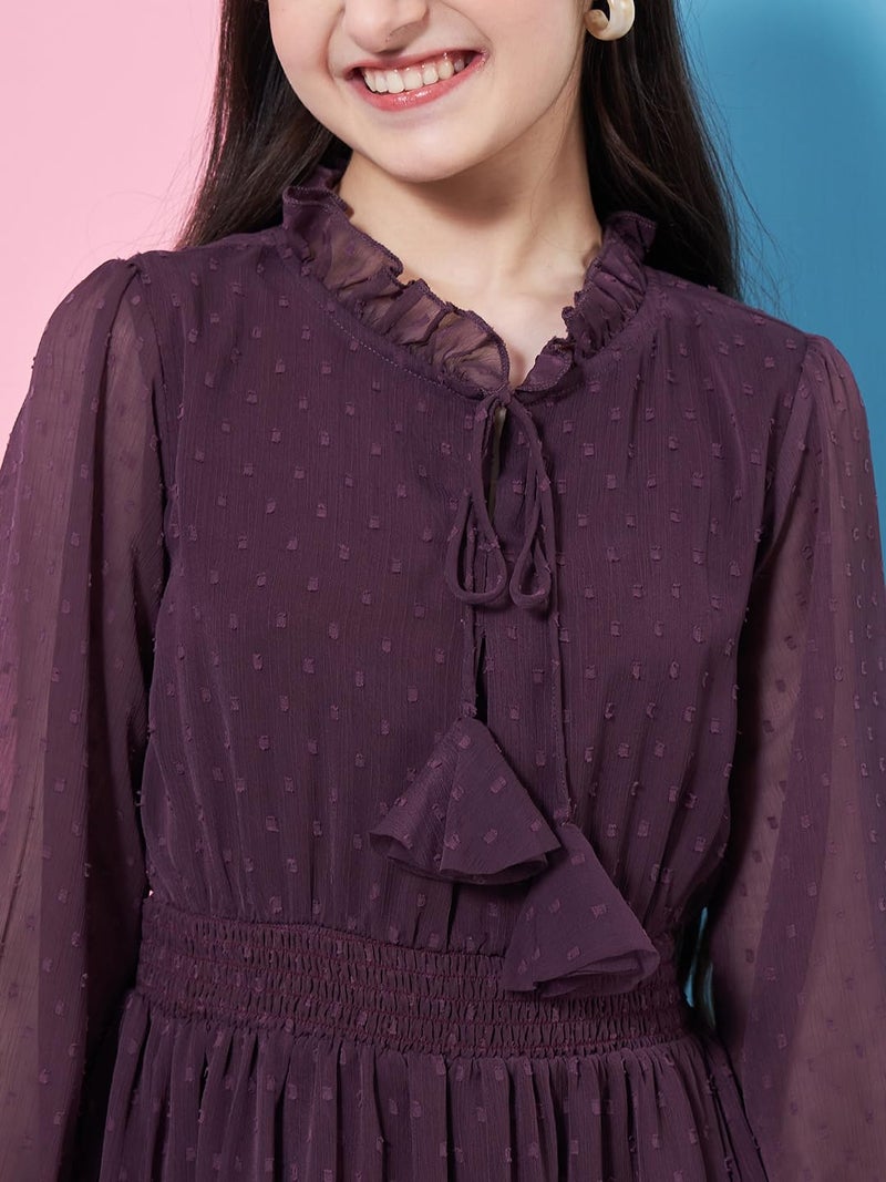 Pspeaches Girl's V-Neck Long Sleeves Chiffon Fit & Flare Dress Purple Color Casual Stylish Wear (8-9Years) - Image 2