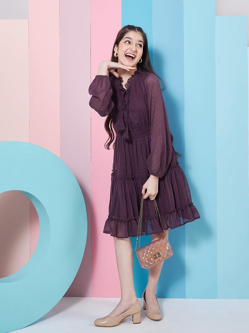 Pspeaches Girl's V-Neck Long Sleeves Chiffon Fit & Flare Dress Purple Color Casual Stylish Wear (8-9Years) - Image 3