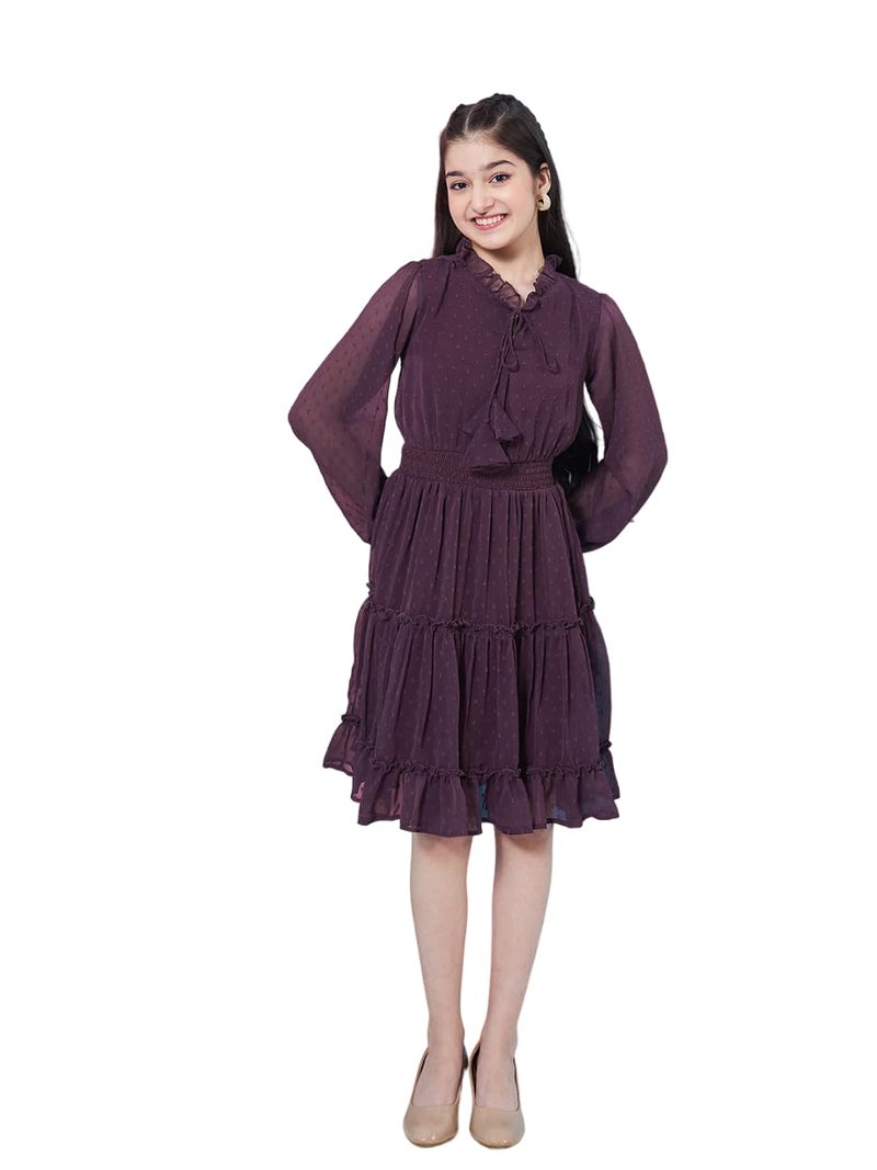 Pspeaches Girl's V-Neck Long Sleeves Chiffon Fit & Flare Dress Purple Color Casual Stylish Wear (8-9Years) - Image 5