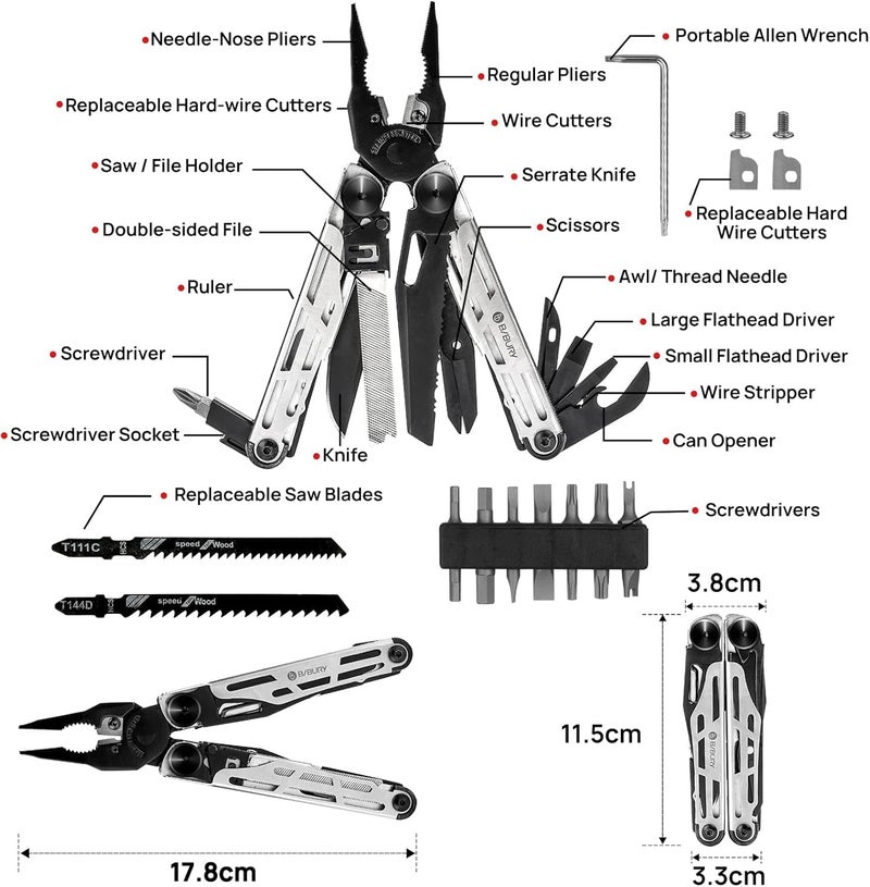BIBURY Multitool Pliers Pro BI2045, Stainless Steel 31-in-1 Multi Tool Pliers with Replaceable Wire Cutters and Saw,Foldable Multitools with Scissors and Screwdriver, Ideal for Camping,Survival,Repair - Image 2