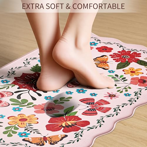 UKISS Kitchen Rugs, 2PCS Waterproof Kitchen Mats, Cushioned Anti Fatigue Kitchen Mat, Non-Slip Boho Comfort Mat for Kitchen, Floor Home, Sink, Laundry,17.3"x28"+17.3"x47", White &Pink (Pink) - Image 4