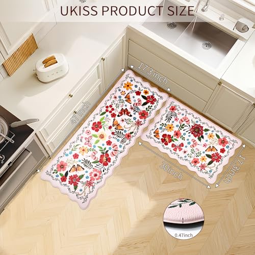 UKISS Kitchen Rugs, 2PCS Waterproof Kitchen Mats, Cushioned Anti Fatigue Kitchen Mat, Non-Slip Boho Comfort Mat for Kitchen, Floor Home, Sink, Laundry,17.3"x28"+17.3"x47", White &Pink (Pink) - Image 2