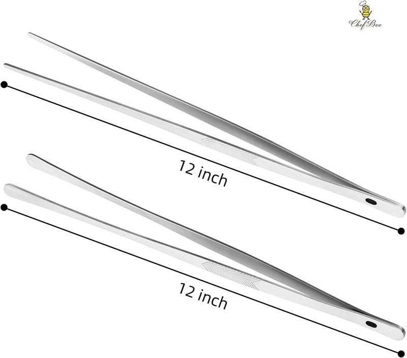 CHEFBEE Kitchen Cooking Tongs Tweezers - 2PCS 12" Stainless Steel Kitchen Utensils, Metal Fine Tweezers Tongs with Precision Serrated Tips for Chef, Serving Food, Grill, Culinary, Pasta, Salad, BBQ - Image 2
