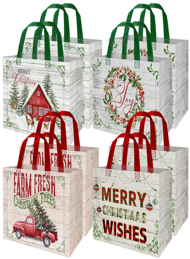 Whaline Christmas Non-Woven Bags 8 Pack Rustic Wood Grain Truck Tree Pattern Reusable Gift Goodie Bag Merry Christmas Shopping Totes with Handles for Xmas Holiday Party Favor Supplies, 4 Designs - Image 1