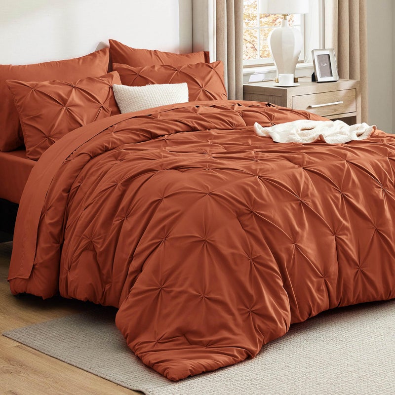 Bedsure Bedsure King Size Comforter Set Burnt Orange  Bed in a Bag King Size 7 Pieces GentleSoft Pintuck Bed Set Gift for Family Pinch Pleat Burnt Orange Comforter with Sheets Pillowcases  Shams 