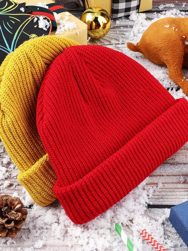 SATINIOR 2 Pcs Trawler Beanie Watch Hat Roll up Edge Skullcap Fisherman Beanie Unisex Cap Winter Warm(Red and Yellow) - Image 4