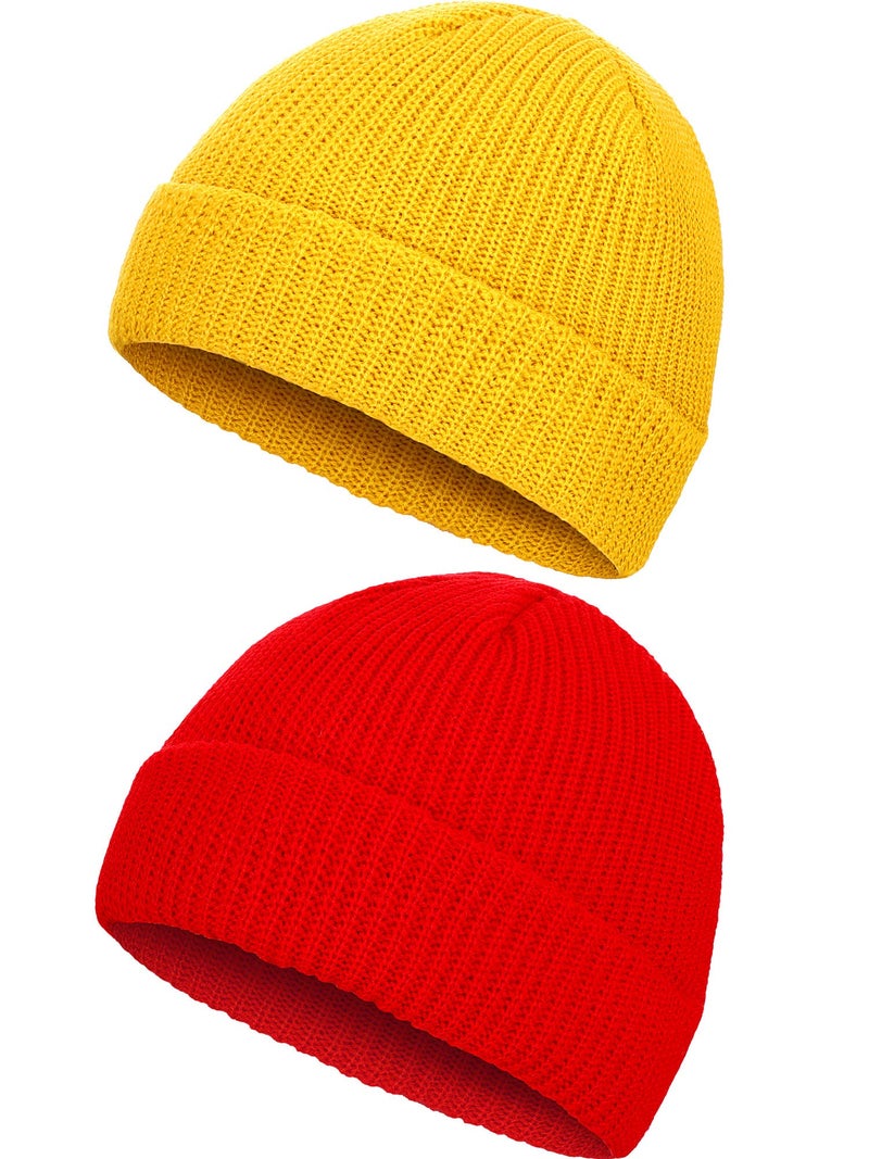 SATINIOR 2 Pcs Trawler Beanie Watch Hat Roll up Edge Skullcap Fisherman Beanie Unisex Cap Winter Warm(Red and Yellow) - Image 1