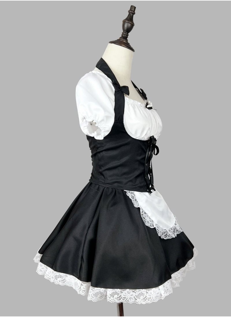 Loquat - Japanese Soft Girl Maid's Short Sleeved Luoli Dress Cosplay Anime Black - Image 1