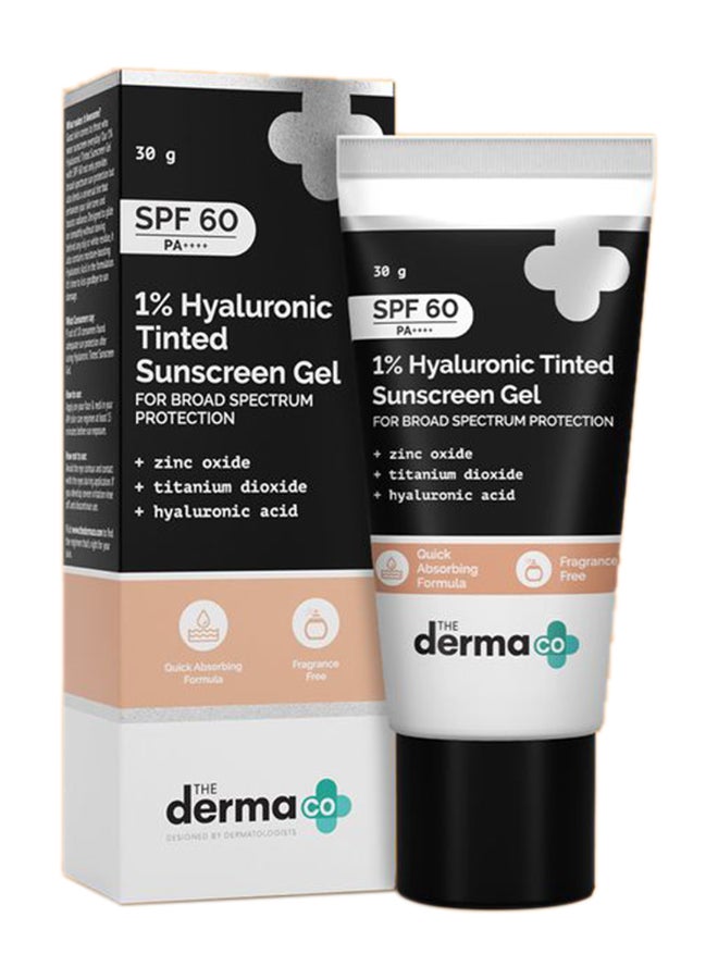 THE derma Co واقي الشمس الملون من Derma Co 1% Hyaluronic لجميع أنواع البشرة بعامل حماية من الشمس 60، جل Pa++++، بدون طبقة بيضاء، خفيف الوزن، حماية واسعة النطاق - 30 جرام - Image 1