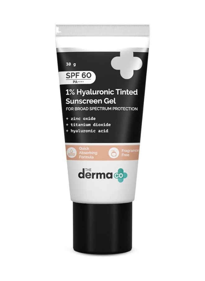 THE derma Co واقي الشمس الملون من Derma Co 1% Hyaluronic لجميع أنواع البشرة بعامل حماية من الشمس 60، جل Pa++++، بدون طبقة بيضاء، خفيف الوزن، حماية واسعة النطاق - 30 جرام  - Image 1