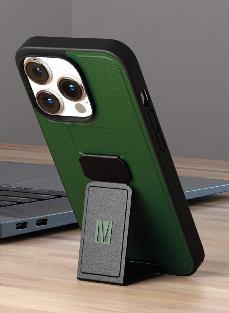 LEVELO iPhone 14 Pro Max Case Morphix Grip stand PU Leather Back Cover / Lifted Ring Case / Easy Snap-On / Drop & Bumper Protection - Green - Image 4