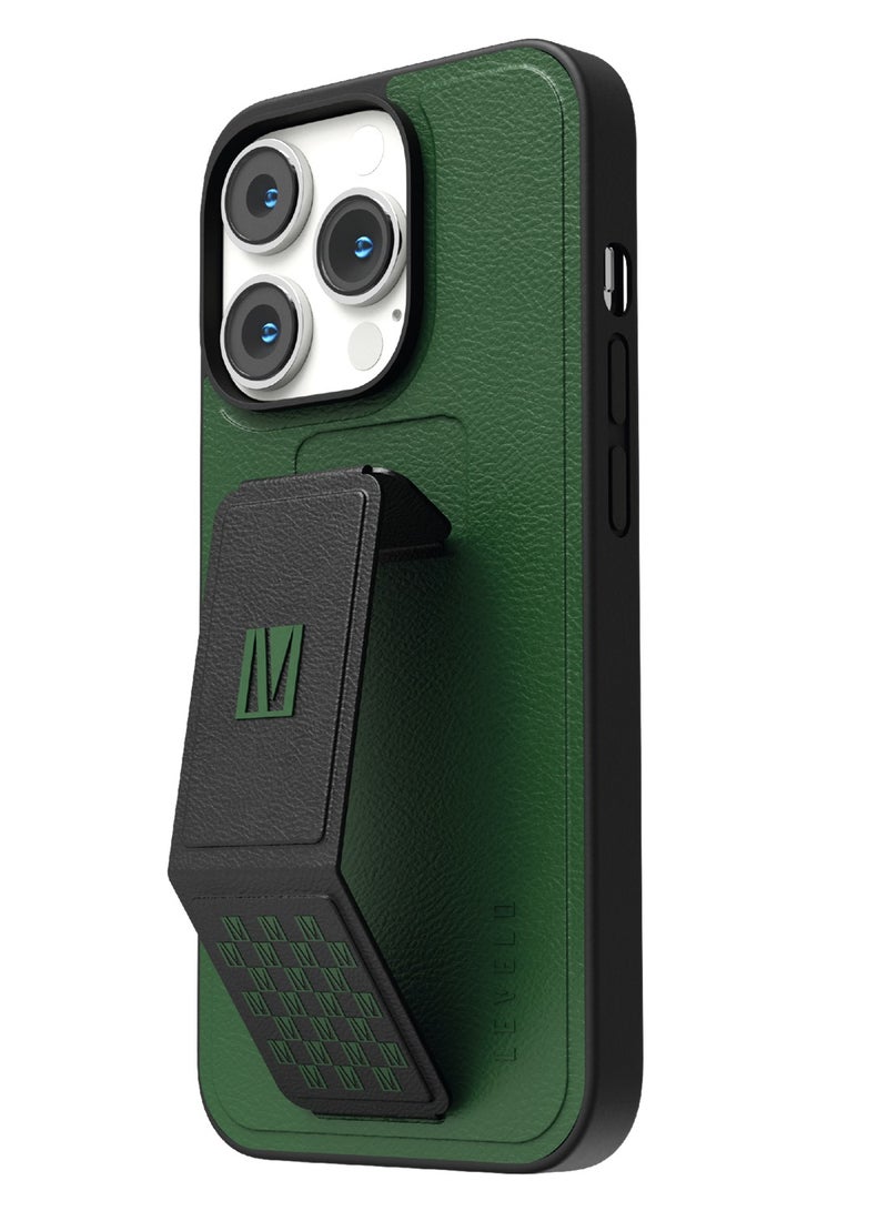 LEVELO iPhone 14 Pro Max Case Morphix Grip stand PU Leather Back Cover / Lifted Ring Case / Easy Snap-On / Drop & Bumper Protection - Green - Image 2