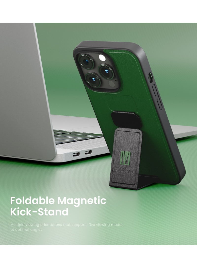 LEVELO iPhone 14 Pro Max Case Morphix Grip stand PU Leather Back Cover / Lifted Ring Case / Easy Snap-On / Drop & Bumper Protection - Green - Image 3