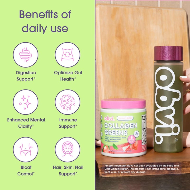 Obvi Collagen Greens  Organic Greens Superfood Powder with Collagen Peptides  Probiotics for Gut Health Skin Hair Nails  GlutenFree Zero Sugar  Strawberry Lychee Flavor 25 Servings - Image 3