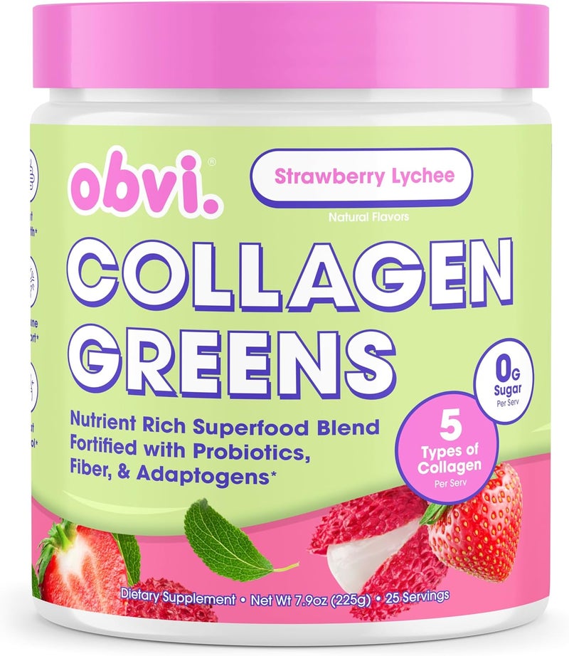 Obvi Collagen Greens  Organic Greens Superfood Powder with Collagen Peptides  Probiotics for Gut Health Skin Hair Nails  GlutenFree Zero Sugar  Strawberry Lychee Flavor 25 Servings - Image 1