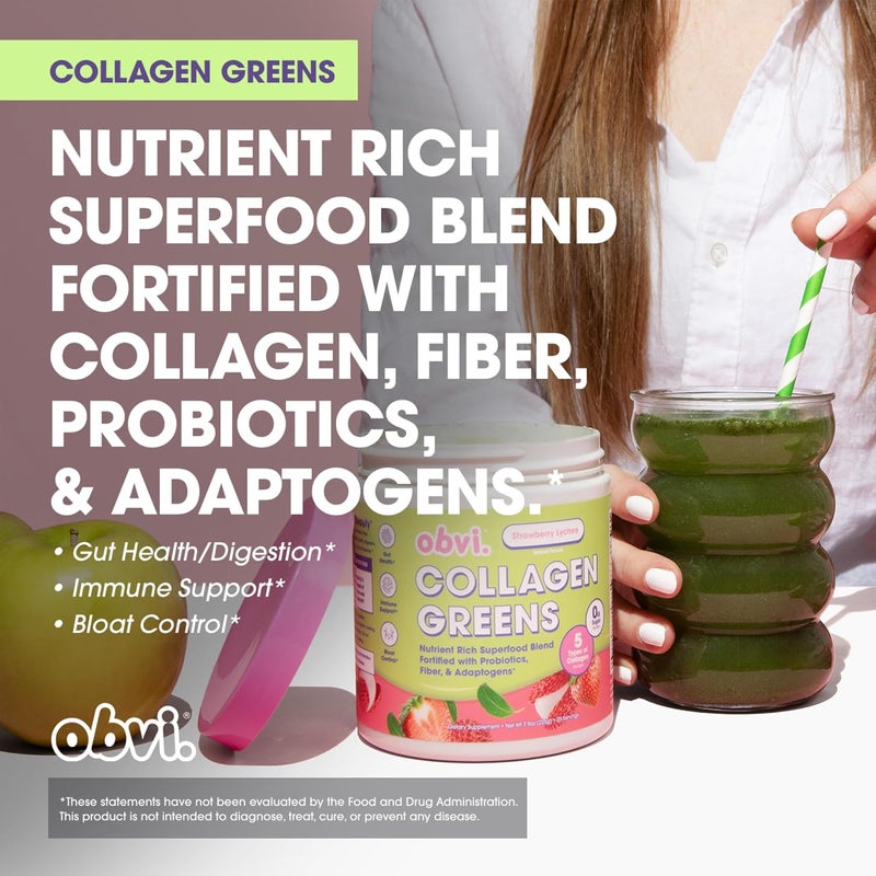 Obvi Collagen Greens  Organic Greens Superfood Powder with Collagen Peptides  Probiotics for Gut Health Skin Hair Nails  GlutenFree Zero Sugar  Strawberry Lychee Flavor 25 Servings - Image 4