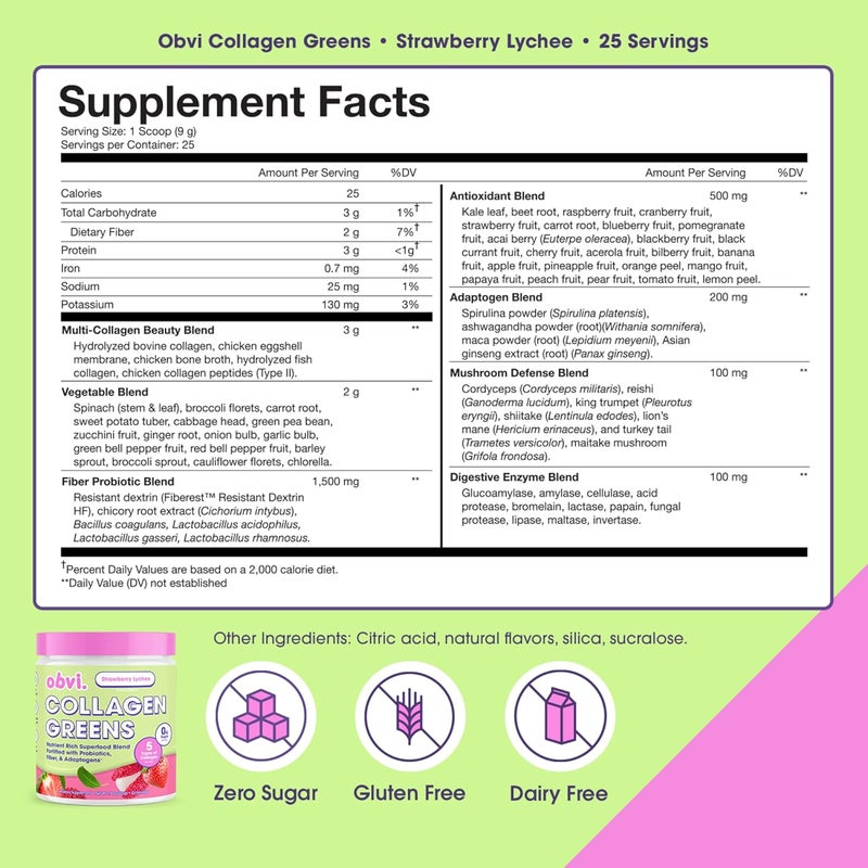 Obvi Collagen Greens  Organic Greens Superfood Powder with Collagen Peptides  Probiotics for Gut Health Skin Hair Nails  GlutenFree Zero Sugar  Strawberry Lychee Flavor 25 Servings - Image 2