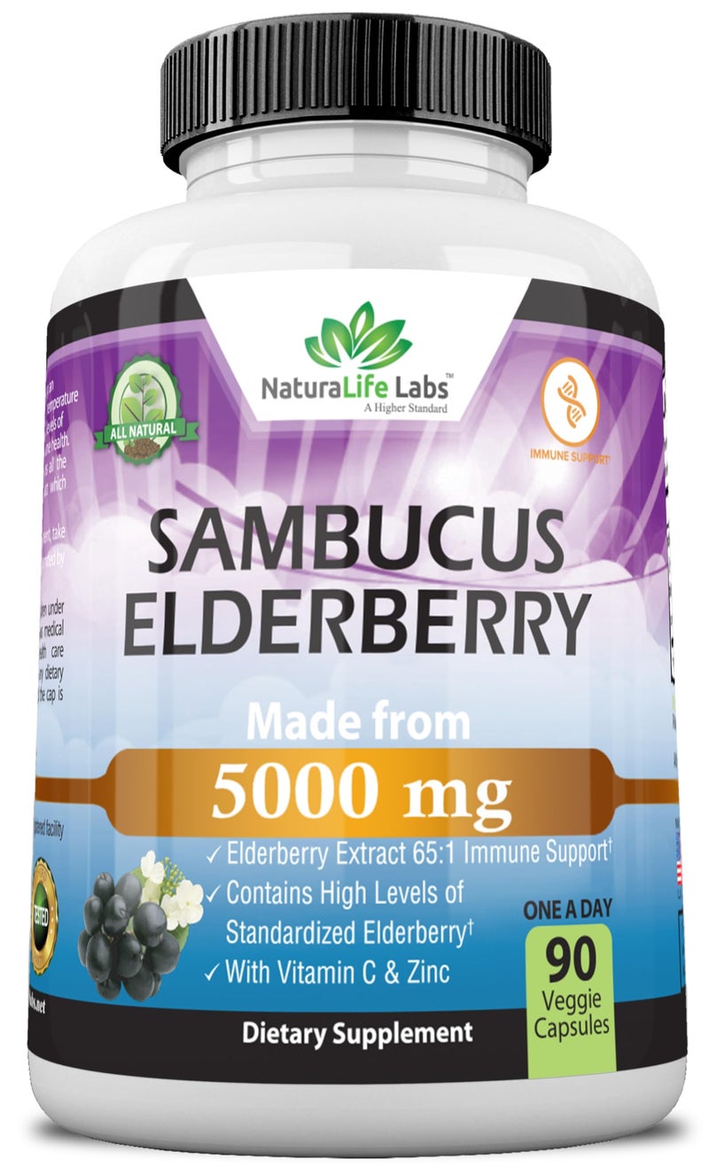 NaturaLife Labs Sambucus Elderberry 5000 mg Super Concentrated 651 with Vitamin C Zinc 90 Day Supply Sambucus Extract Immune Support Immune Defense NonGMO 90 Veggie Capsules