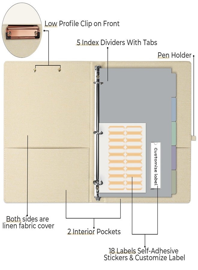 EYROZILL 3 Ring Binder, 1 Inch Linen Binder Organizer for Letter Size (8.5" x 11") with 5 Tab Dividers, File Folder Labels and Low Profile Clipboards, School and Office Supplies-Apricot - Image 2