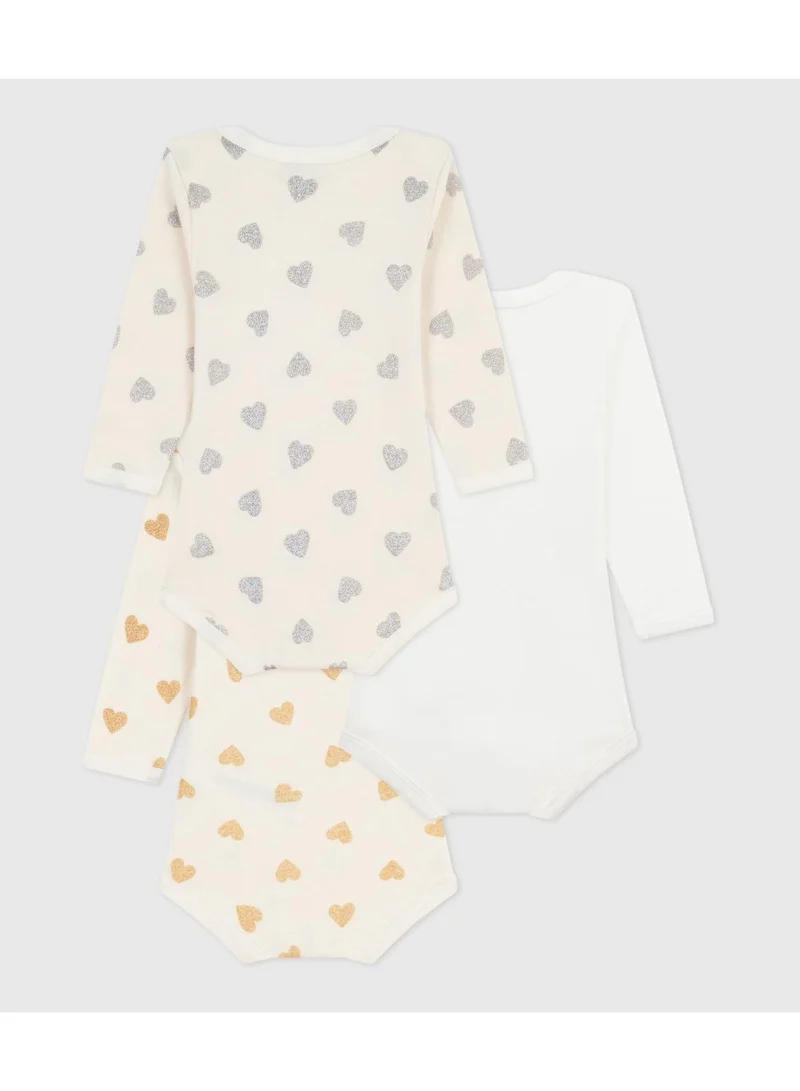 Petit Bateau Pack of babies' long-sleeved sequinned heart-print cotton bodies
